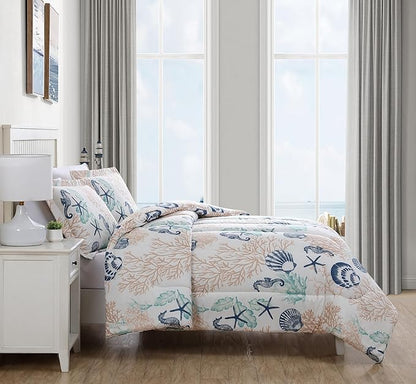Caribbean Joe Full/Queen 3-Piece Comforter Set, Tropical Coastal Beach Design Bedding, Seahorse Swimming