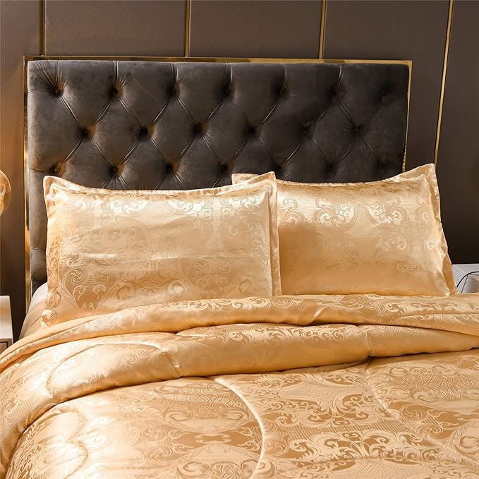 King Size Comforter Set All Season Gold Bedding Comforter Sets Silk Jacquard Bed Set Lightweight Quilt 3pcs Soft Bedding Sets Matching 2 Pillow Shams (King,104-by-90 inches)