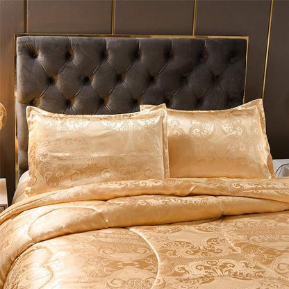 King Size Comforter Set All Season Gold Bedding Comforter Sets Silk Jacquard Bed Set Lightweight Quilt 3pcs Soft Bedding Sets Matching 2 Pillow Shams (King,104-by-90 inches)