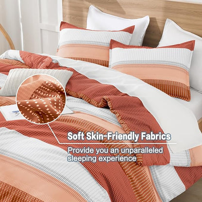 Litanika Burnt Orange King Bed Comforter Set, 3 Pieces Boho Terracotta Stripe Colorblock Bedding Comforter Set, Rust Fluffy Bed Set (104x90In Comforter & 2 Pillowcases)