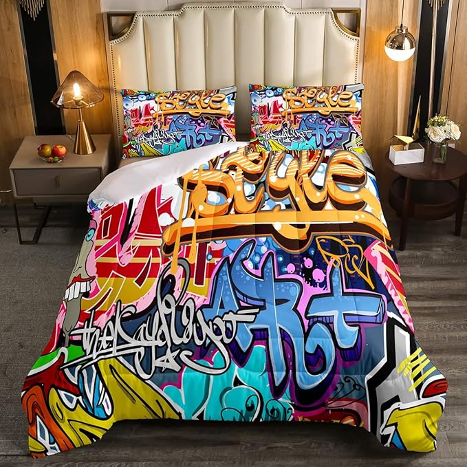Feelyou Hippie Graffiti Comforter Set Colorful Graffiti Art Printed Bedding Set for Kids Boys Teens Hip Hop Comforter Street Hipster Duvet Set with 2 Pillowcase 3Pcs Bedding Full