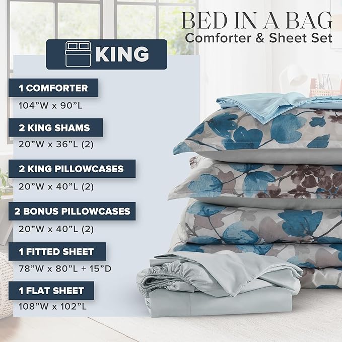 Madison Park King Comforter Set with Sheets, Floral Bed in A Bag Soft Microfiber Comforter for King Size Bed, All Season Lightweight Comforters King Bed Set, Alexis, 9 Piece Blue