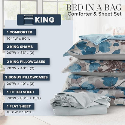 Madison Park King Comforter Set with Sheets, Floral Bed in A Bag Soft Microfiber Comforter for King Size Bed, All Season Lightweight Comforters King Bed Set, Alexis, 9 Piece Blue