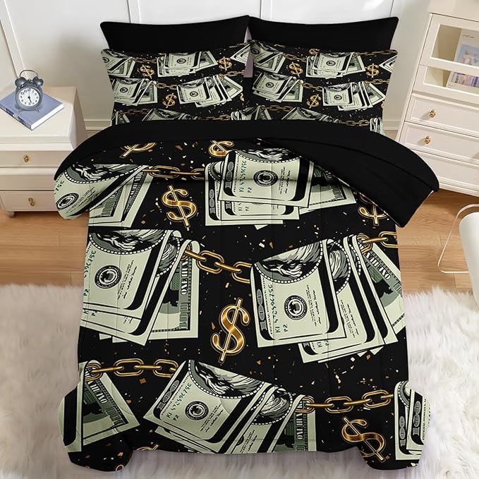 Nesker 5 Pcs Comforter Set Twin Size, Gold Money Bill Coins Bedding Set for Kids and Adults, Abstract One Hundred Dollar Bed Sheet Sets with Fitted Sheet Pillowcases & Shams