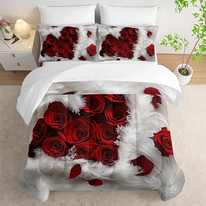 7 Piece Rose White and Red Comforter Set Queen Size Bed，Valentine’S Day Valentines Day Bedding Queen Floral，(1 Comforter, 1 Flat Sheet, 1 Fitted Sheet, 2 Pillowcase and 2 Pillow Sham)