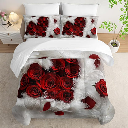 7 Piece Rose White and Red Comforter Set Queen Size Bed，Valentine’S Day Valentines Day Bedding Queen Floral，(1 Comforter, 1 Flat Sheet, 1 Fitted Sheet, 2 Pillowcase and 2 Pillow Sham)