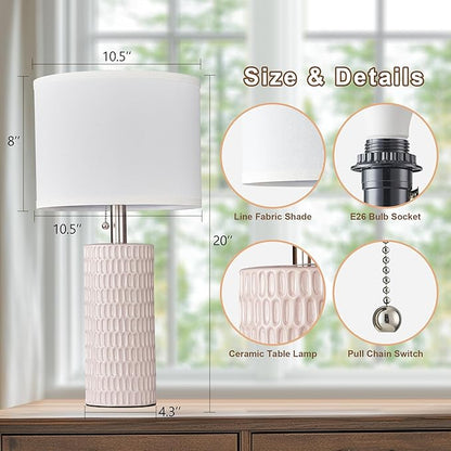 Table Lamps for Living Room Set of 2, Ceramic Table Lamps for Bedroom, 20" Modern Lamps for Night Stands, Pink