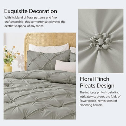 BEDELITE Grey King Size Comforter Set - 3 Pieces Boho Pintuck Bedding Comforter Sets, Lightweight Soft & Warm King Bedding Set with 2 Pillowcases for All Season