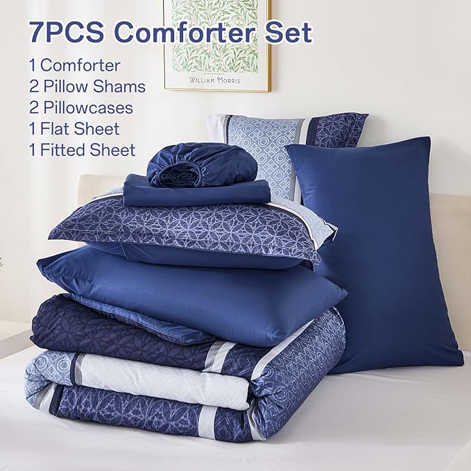 WONGS BEDDING Comforter Set King Size 7 Pieces,Navy Blue Striped Bed in a Bag Comforter and Sheet Set,Patchwork Soft Lightweight Micorfiber Bedding Set for All Seaon (90"×104")