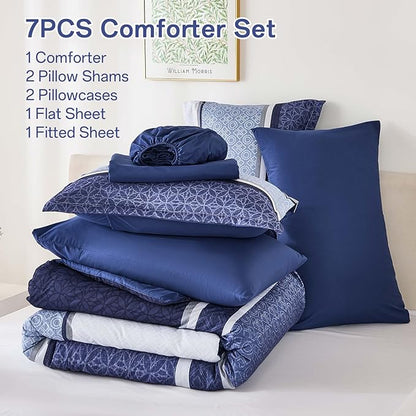 WONGS BEDDING Comforter Set King Size 7 Pieces,Navy Blue Striped Bed in a Bag Comforter and Sheet Set,Patchwork Soft Lightweight Micorfiber Bedding Set for All Seaon (90"×104")