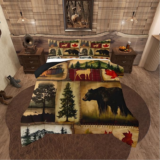 Rustic Farmhouse Bedding Comforter Sets Full Size, Retro Cabin Lodge Bedding Sets, Hunting Bear Deer Comforter Set, Country Maple Leaves Duvet Insert, Rustic Woodland Pine Tree Quilt, Red Brown