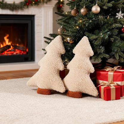 Artmag Christmas Pillows, Decorative Christmas Tree Pillow Set of 2 Stuffed Tree Shaped Plush Pillow for Holiday Party Sofa Living Room Decoration (13" x 10.5", Beige)