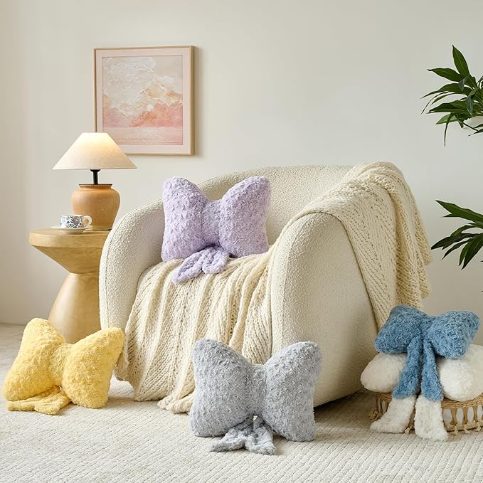 Bow Pillow, Decorative Bow Pillows with Soft Plush for Couch Bed, Bow Shaped Throw Pillow Room Decor for Bedroom, Bow Decorative Pillow for Living Room (Goose Yellow, Large-16 Inches)
