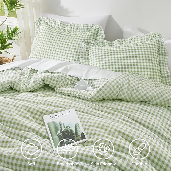 Andency Sage Gingham Ruffle Comforter Full (79x90Inch), 3 Pieces(1 Ruffled Comforter and 2 Pillowcases) Solid Farmhouse Shabby Chic Bed, Vintage Rustic Soft Microfiber Bedding Set