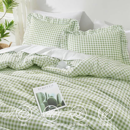 Andency Sage Gingham Ruffle Comforter Full (79x90Inch), 3 Pieces(1 Ruffled Comforter and 2 Pillowcases) Solid Farmhouse Shabby Chic Bed, Vintage Rustic Soft Microfiber Bedding Set
