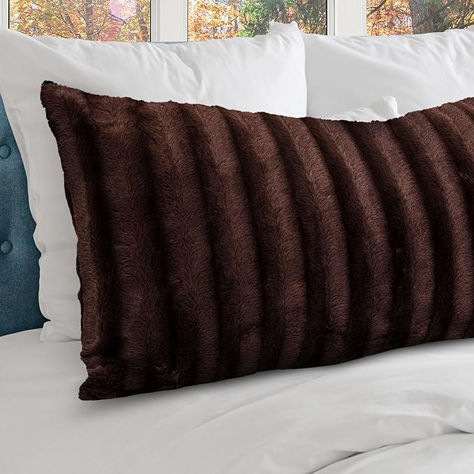 Cheer Collection Faux Fur Long Body Pillow - Accent Throw Pillow for Bed and Couch - Decorative Lumbar Pillow with Insert, Chocolate Brown (18" x 40")