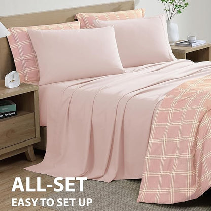 Cathay Home Basic Bedding Home Essential Ultra Soft Lightweight 5PC Wrinkle Resistant Microfiber Bed in a Bag Set (Includes Complete Sheet Set & Comforter Set) - Pink Plaid, Twin