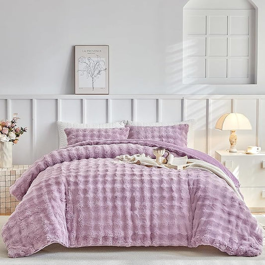 Tokokimo Faux Fur Comforter Set Queen Size, Ultra Soft Reversible Heavyweight Fluffy Queen Size Bedding, Extra Warm Winter Comforter with 2 Pillow Cases, All Season Fuzzy Comforter Set, Purple