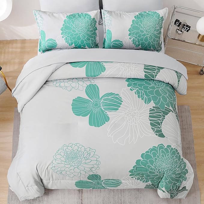 Yiran Grey Aqua Floral Queen Comforter Set Bed in a Bag Soft Microfiber Comforter Bedding Set 90"×90",7 Pieces (1 Comforter,2 Pillowcases,2 Pillow Shams,1 Flat Sheet,1 Fitted Sheet)