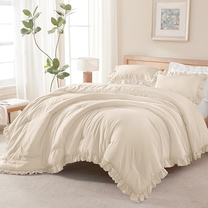 Andency Beige Comforter Set Queen Size, 3 Pieces Shabby Chic Ruffle Bedding Comforter Sets for Queen Bed, Lightweight Fluffy Soft Microfiber Farmhouse Comforter Set