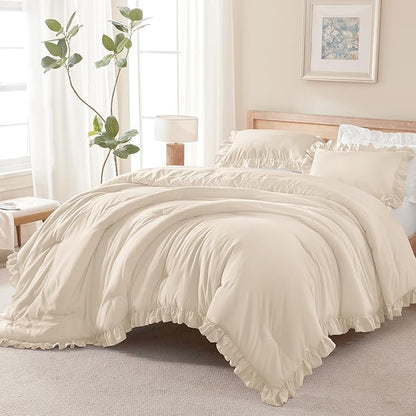 Andency Beige Comforter Set Full Size, 3 Pieces Solid Ruffle Vintage Rustic Soft Bedding Comforter Sets, All Season Lightweight Fluffy Soft Microfiber Bedding Set (79x90 Comforter & 2 Pillowcases)