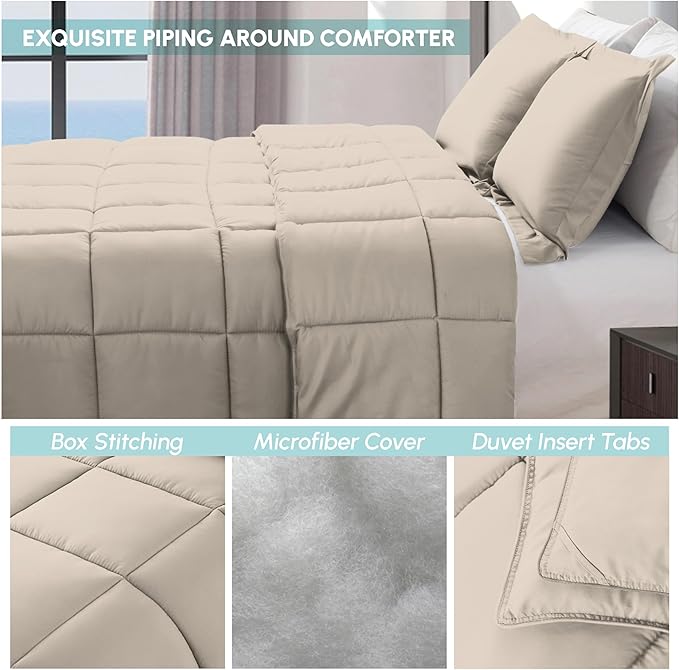 Elegant Comfort 3-Piece Box Stitched Down Alternative Comforter with Shams - Ultra Soft for All Season Duvet Insert with Corner Tabs, Plush Cozy 3PC Comforter Set, King, Linen