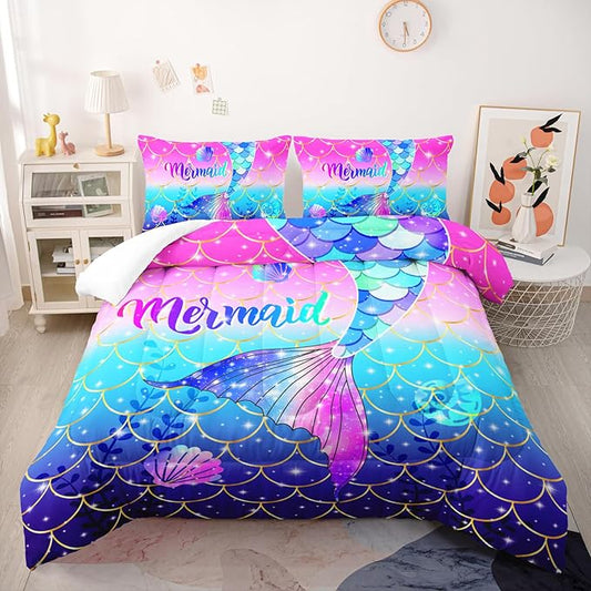 Colorful Mermaid Tail Comforter Sets King Size，Violet Seashells Bedding Sets 3PCS for Kids,Violet Seashells Bedding Sets All Season 1 Comforter and 2 Pillowcases