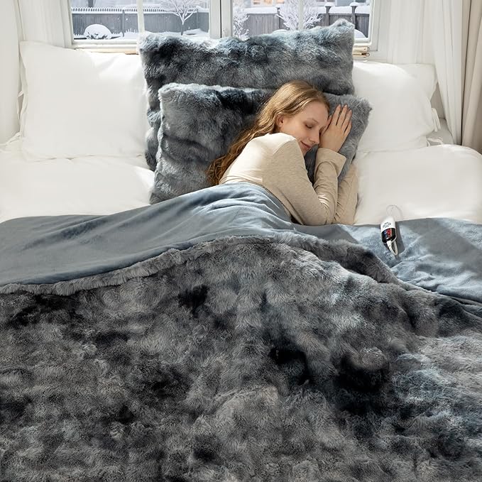 Faux Fur Electric Blanket Full Size 72"X84" - Bubble Faux Fur Heated Blanket Fluffy Soft Fuzzy with 6 Fast Heating Levels & 10 hrs Timer Settings, Washable & ETL Certified for Bed, Tie-Dye Blue