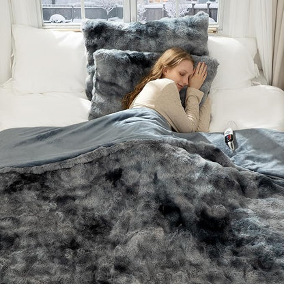 Faux Fur Electric Blanket Full Size 72"X84" - Bubble Faux Fur Heated Blanket Fluffy Soft Fuzzy with 6 Fast Heating Levels & 10 hrs Timer Settings, Washable & ETL Certified for Bed, Tie-Dye Blue