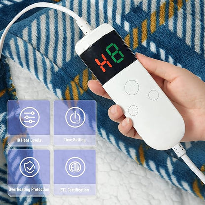 Electric Heated Blanket Throw Size 50''x60'' Soft Flannel & Sherpa Electric Blanket with 10 Heating Levels, Automatically Shut Down After 8h with Overheat Protection Machine Washable