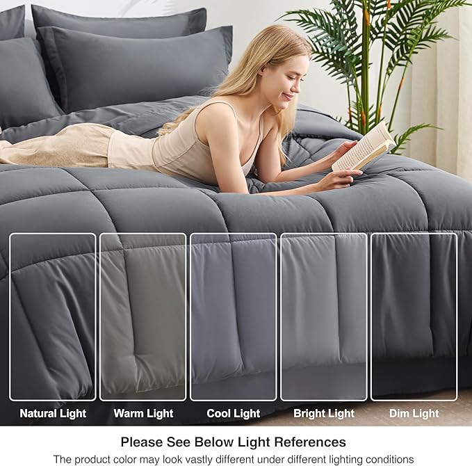 Love's cabin Full Comforter Set Soot Grey, 7 Pieces Full Bed in a Bag, All Season Bedding Sets with 1 Comforter, 1 Flat Sheet, 1 Fitted Sheet, 2 Pillowcase and 2 Pillow Sham