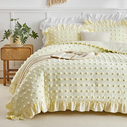 Flysheep Tufted Dots Ruffle Comforter Set King Size, 3 Pieces Yellow Vintage Farmhouse Shabby Chic Comforters, Jacquard Boho Bohemian Bedding Set for All Season (1 Ruffled Comforter+ 2 Pillow Shams)