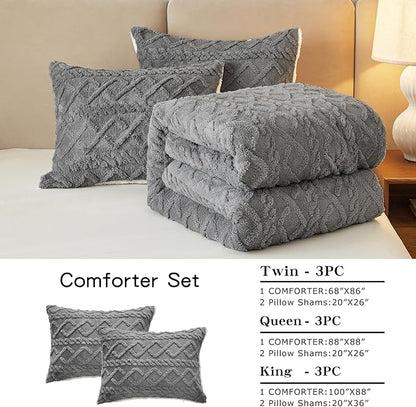 Joyreap 3-Piece Fluffy Faux Fur Sherpa Comforter Set Gray, Twin Size Luxury Tufted Bedding Comforter Set, All Season Soft n Cozy Plush Comforter Bed Set- 68x86 inches