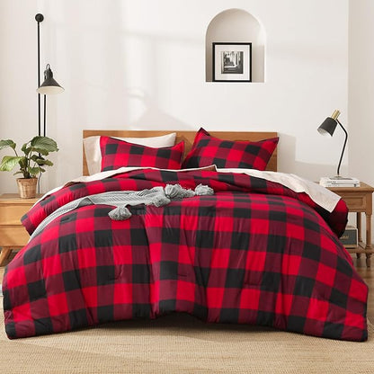 Andency Red and Black Plaid Comforter Set King(104x90Inch), 3 Pieces Buffalo Plaid Checkered Gingham Bedding Comforter Sets, Soft Burgundy Lightweight Geometric Down Alternative Bed Set