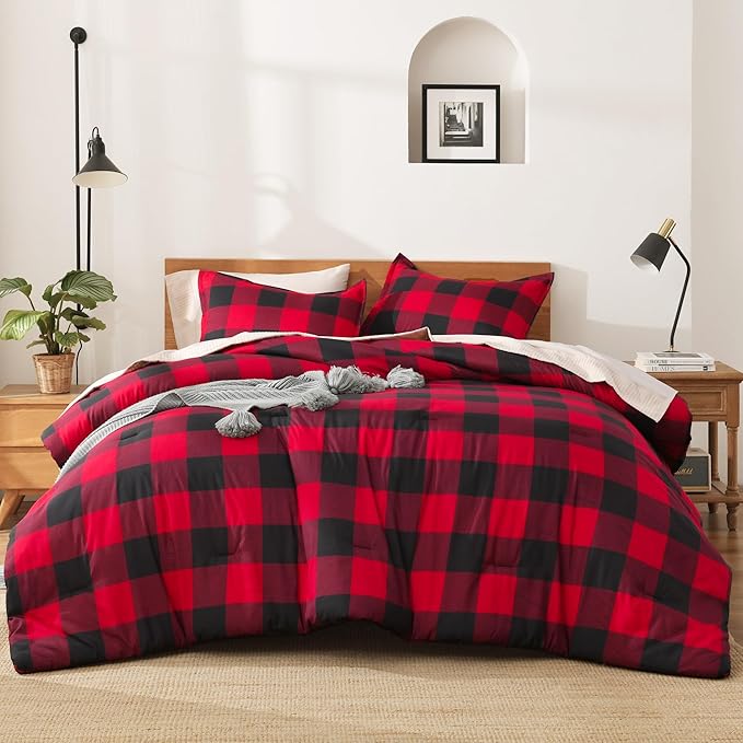 Andency Red and Black Plaid Comforter Set Queen(90x90Inch), 3 Pieces Buffalo Plaid Checkered Gingham Bedding Comforter Sets, Soft Burgundy Lightweight Geometric Down Alternative Bed Set
