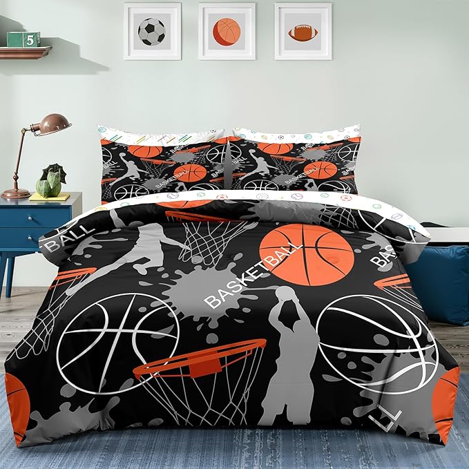 Bodhi Basketball Kids Bedding Sets,Twin Size Basketball Comforter Sets for Boys,5 Pcs Kids Sports Basketball Bedding Sets,Bed in A Bag (1 Comforter,1 Flat Sheet,1 Fitted Sheet,2 Pillowcases)