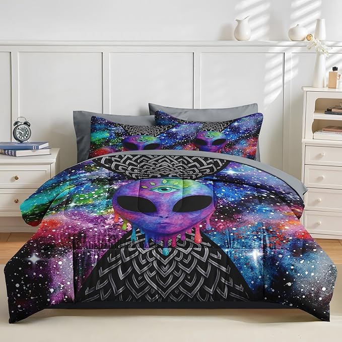 Nesker 7 Pcs Comforter Set King Size, Trippy Tie Dye Alien Abstract Bedding Set for Kids and Adults, Psychedelic Space Hippie Skull Bed Sheet Sets with Fitted Sheet 2 Pillowcases & 2 Shams