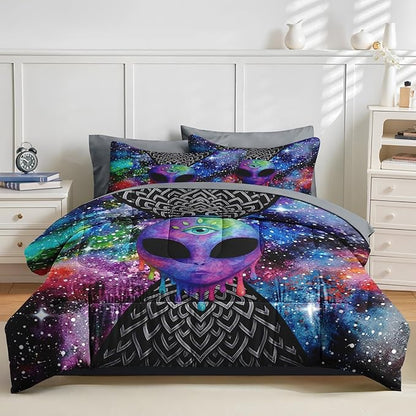 Nesker 7 Pcs Comforter Set Queen Size, Trippy Tie Dye Alien Abstract Bedding Set for Kids and Adults, Psychedelic Space Hippie Sheets Bed Sheet Sets with Fitted Sheet 2 Pillowcases & 2 Shams
