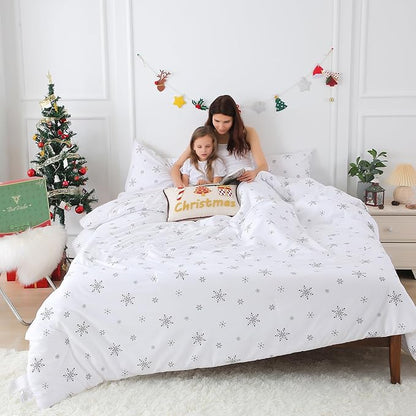 COTTEBED Snowflakes Christmas Comforter Queen, Snow White Warm Winter Comforter Sets Full Size Bedding Down Alternative with Pillowsham, Super Soft Cozy Brushed Lightweight but Warmth Polycotton Gift