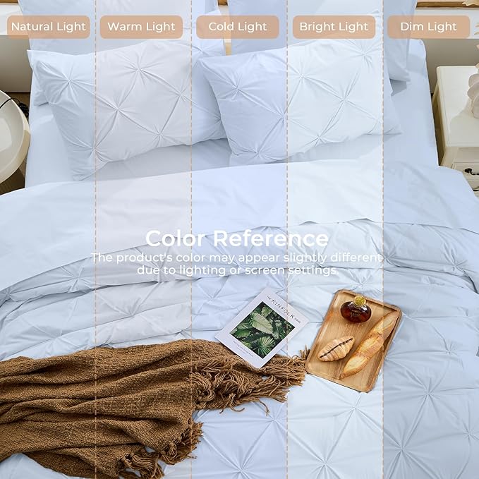 Sasttie Full Size Comforter Set, 7-Piece Bed in a Bag, Pintuck Bedding Sets for All Season, Includes Comforter, Flat Sheet, Fitted Sheet, Pillowcases and Pillowshams, Light Blue