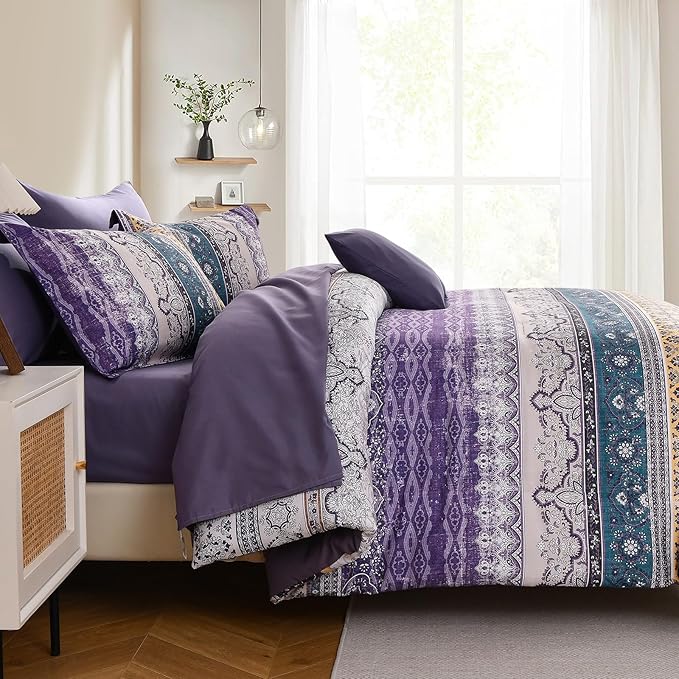 Cottolester Boho King Size Comforter Set 8 Pieces, Violet Bohemian Striped Bed in a Bag, Paisley Soft Microfiber Bedding Comforter Set