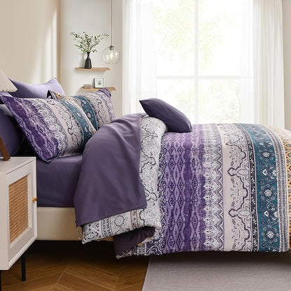 Cottolester Boho Full Comforter Set 8 Pieces,Violet Bohemian Striped Bed in a Bag, Paisley Soft Microfiber Bedding Comforter Set