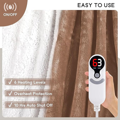 Heated Blanket Electric Throw Size 50''x60'' with 9 Heating Levels, 1-10 Hour Auto Shut Off, Machine Washable, Flannel & Sherpa Double-Sided Soft Warming Blanket for Couch, Bed, Office - Brown