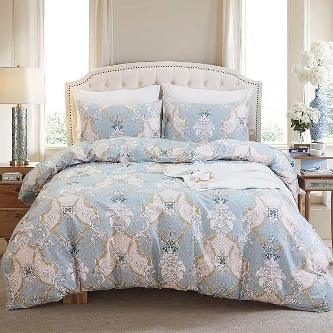 100% Natural Cotton Comforter Set King 3 Pcs Grayish Blue Bedding Sets with Luxurious Damask Pattern, Reversible Breathable Soft Comforter Sets for All Season