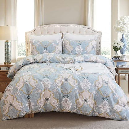 100% Natural Cotton Comforter Set Queen 3 Pcs Grayish Blue Bedding Sets with Luxurious Damask Pattern, Reversible Breathable Soft Comforter Sets for All Season