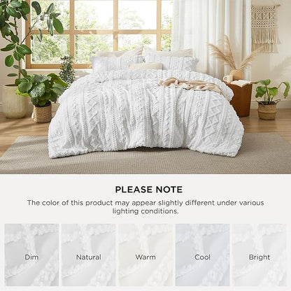 Bedsure Tufted Boho Comforter Set Twin Size - Bright White Boho Bed Set, GentleSoft™ 2 Pieces Farmhouse Shabby Chic Embroidery Bedding, Gifts for Woman, Soft Jacquard Twin Comforter for All Seasons