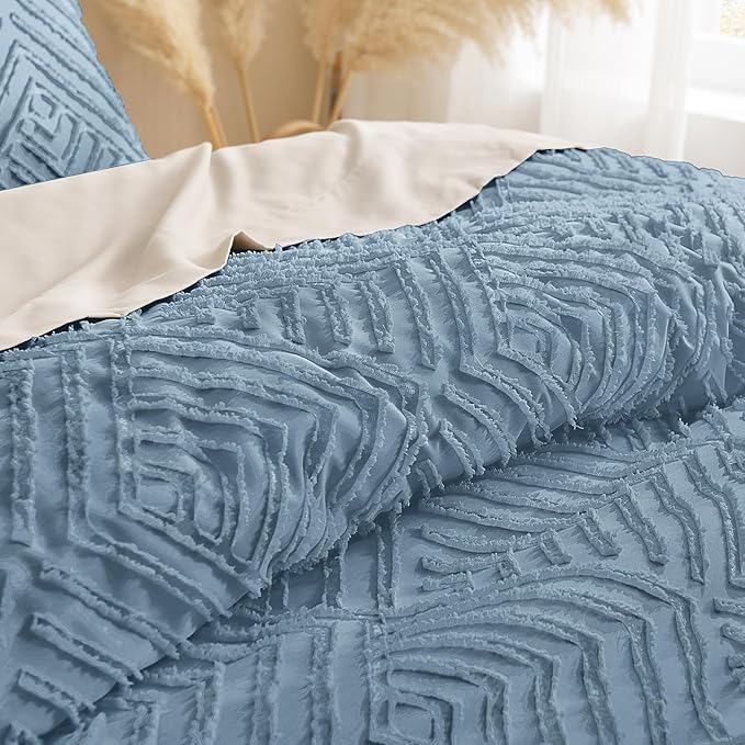 Andency Grayish Blue Comforter Set King Size, 3 Pieces Boho Bedding Set & Collections, Farmhouse Tufted Fluffy Bedding Comforter Sets for King Bed (1 Comforter 104x90In, 2 Pillowcases)