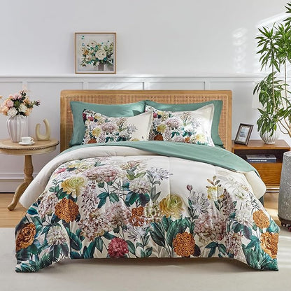 Joyreap Bed in a Bag King, 7 Piece Floral Comforter Sheet Set, Flowers on Light Khaki Floral Design, All Season Microfiber Bedding Comforter Set