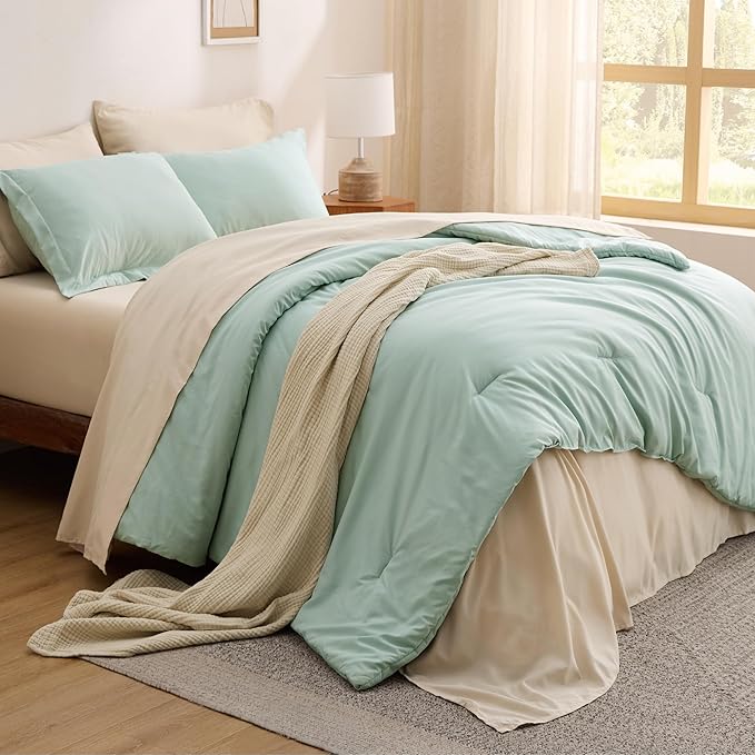Bedsure California King Comforter Set Sage Green, 7 Pieces Soft Comforter for Cal King Size Bed with Sheets, Pillowcases & Shams, All Season Boho California King Size Bed in a Bag