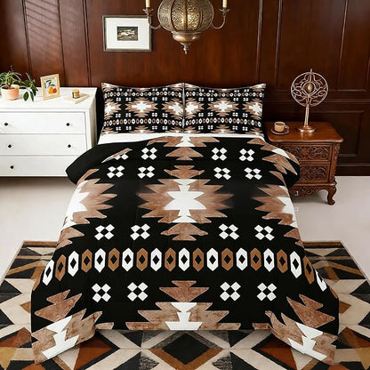 Feelyou Boho Comforter Set Toddler Size Southwest Native American Design Comforter Southwestern Geometric Bedding Set Western Decor Duvet Set Brown Balck Quilt Set